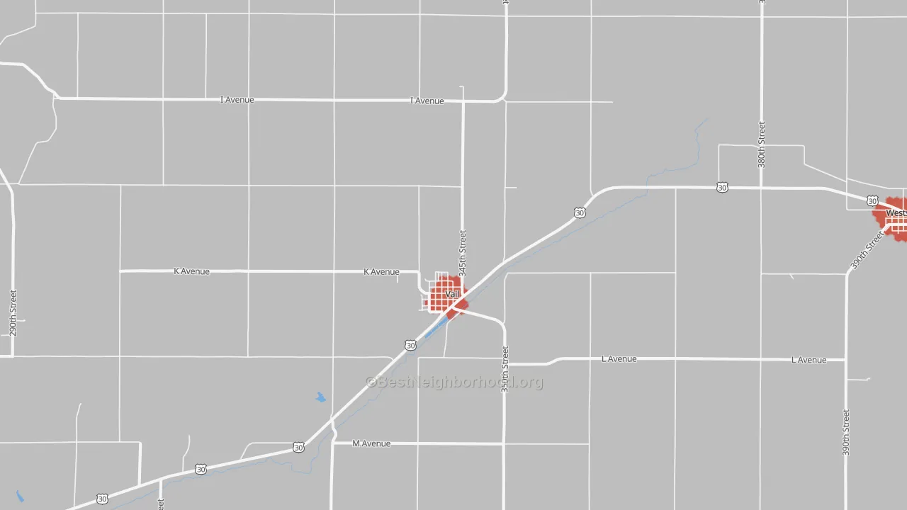 Walk Grade map of 51465, IA, walkable areas in green and car-dependent areas in red
