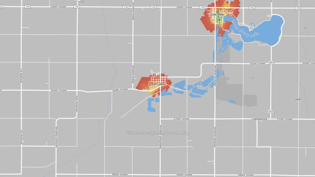 Walk Grade map of 51466, IA, walkable areas in green and car-dependent areas in red