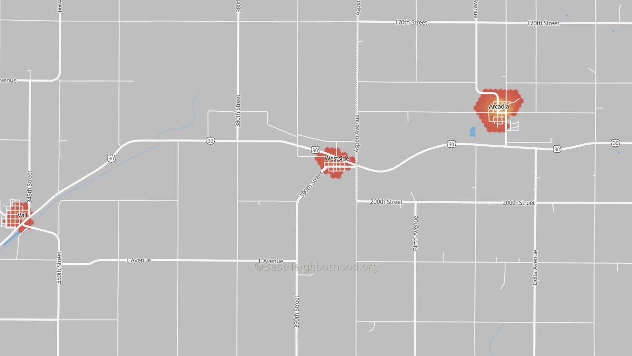 Walk Grade map of 51467, IA, walkable areas in green and car-dependent areas in red