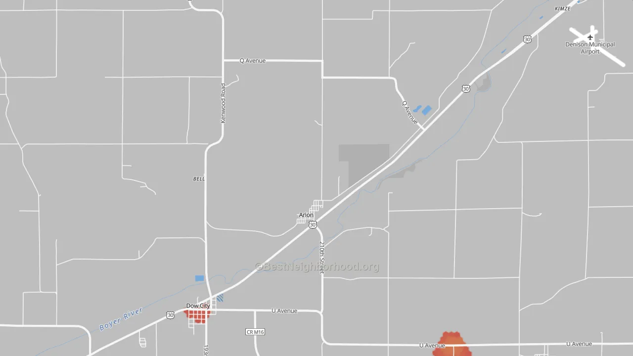 Walk Grade map of 51520, IA, walkable areas in green and car-dependent areas in red