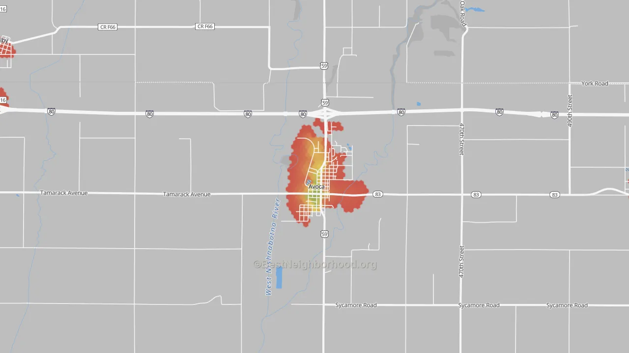 Walk Grade map of 51521, IA, walkable areas in green and car-dependent areas in red