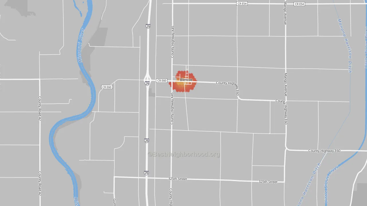 Walk Grade map of 51523, IA, walkable areas in green and car-dependent areas in red