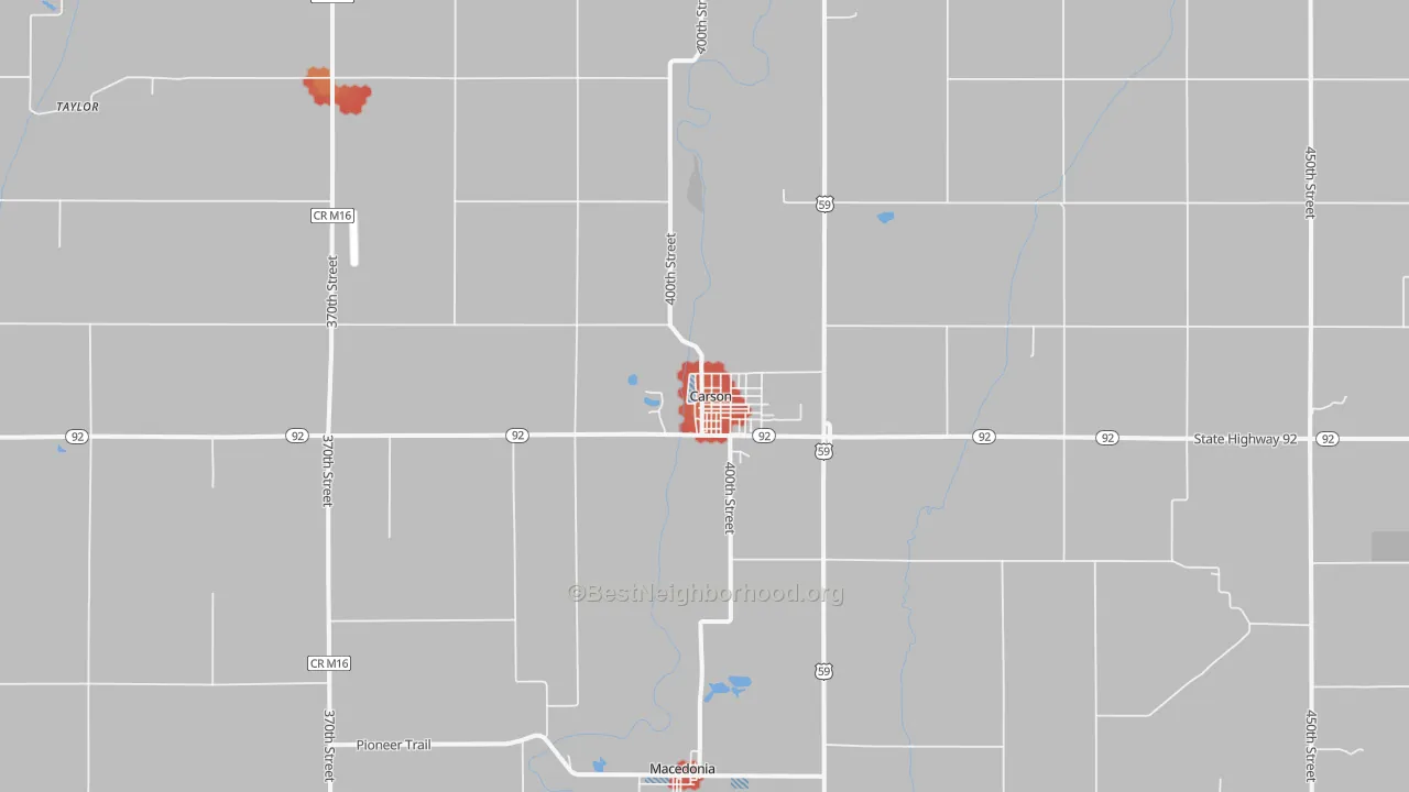 Walk Grade map of 51525, IA, walkable areas in green and car-dependent areas in red
