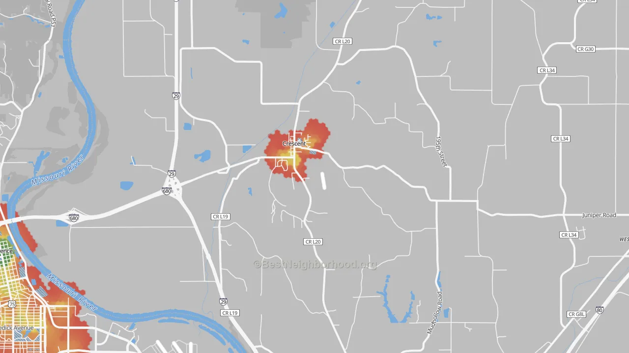 Walk Grade map of 51526, IA, walkable areas in green and car-dependent areas in red