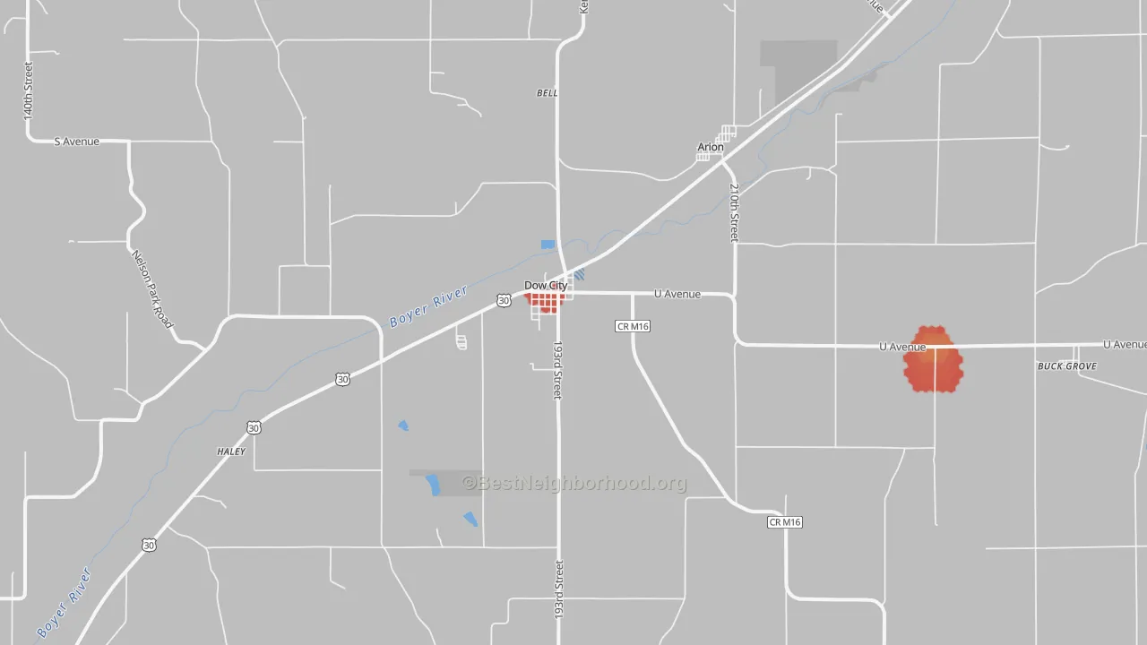 Walk Grade map of 51528, IA, walkable areas in green and car-dependent areas in red