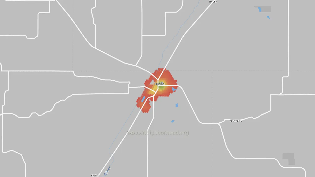 Walk Grade map of 51529, IA, walkable areas in green and car-dependent areas in red