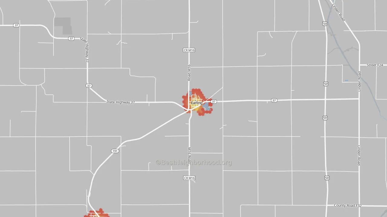 Walk Grade map of 51530, IA, walkable areas in green and car-dependent areas in red