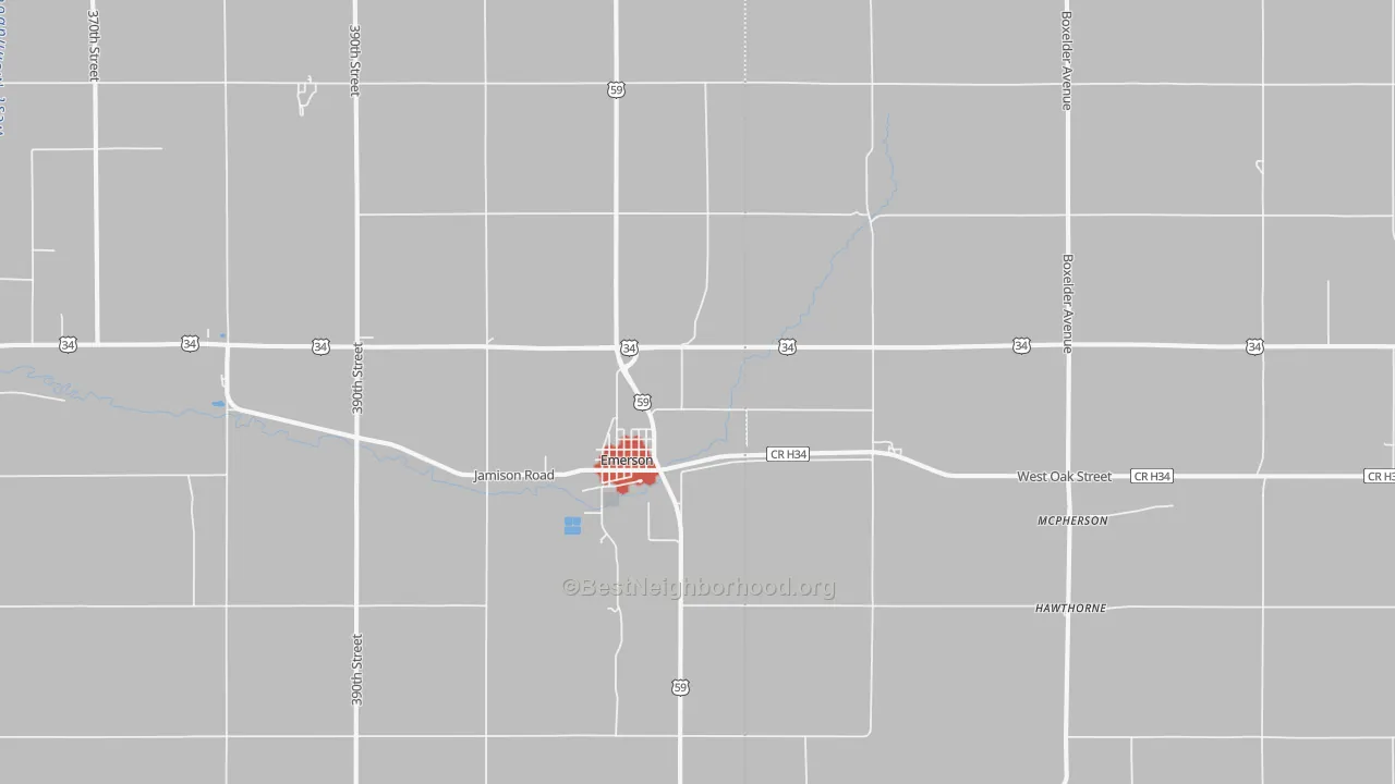 Walk Grade map of 51533, IA, walkable areas in green and car-dependent areas in red
