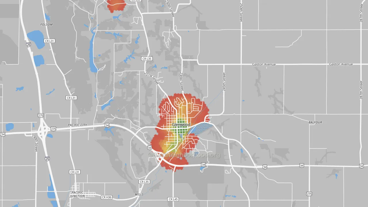 Walk Grade map of 51534, IA, walkable areas in green and car-dependent areas in red
