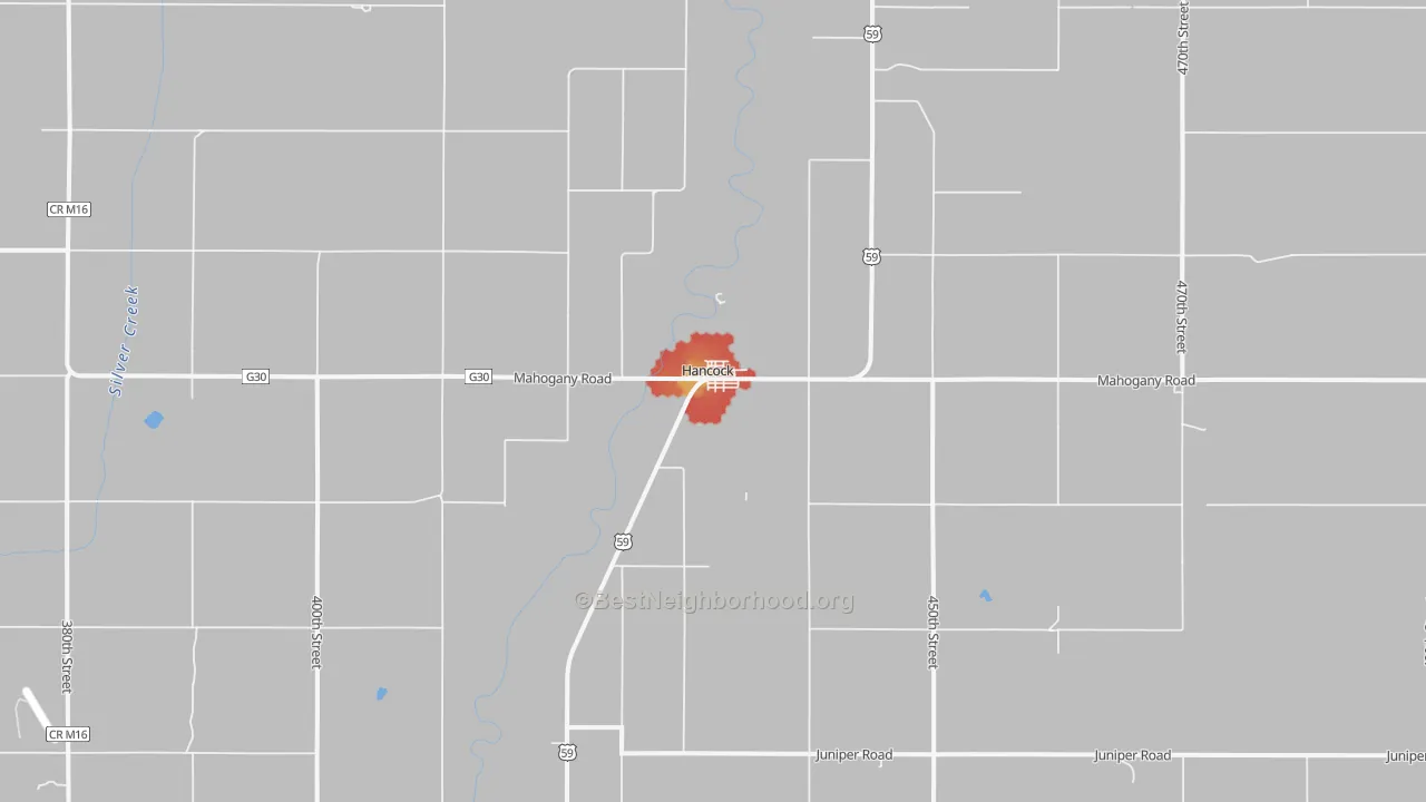 Walk Grade map of 51536, IA, walkable areas in green and car-dependent areas in red