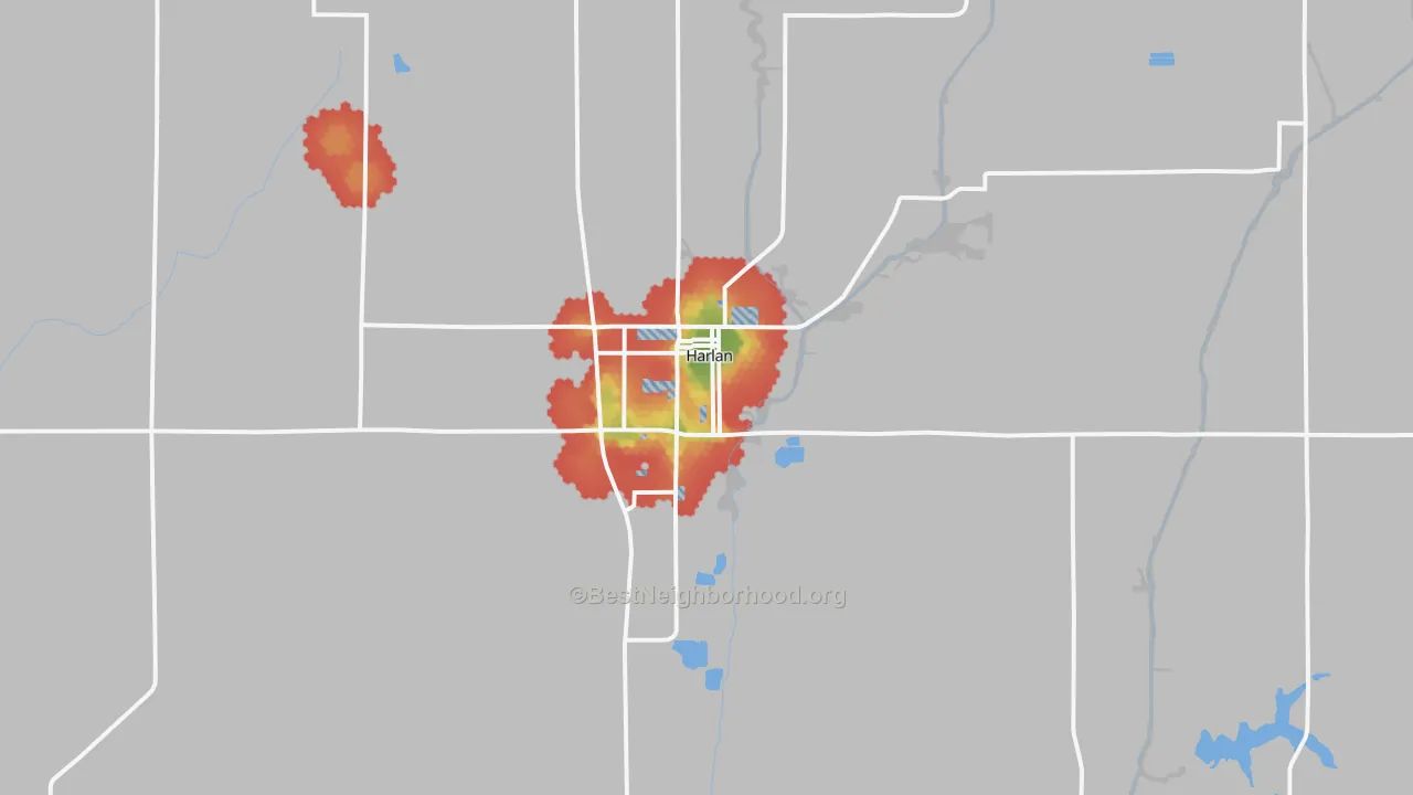 Walk Grade map of 51537, IA, walkable areas in green and car-dependent areas in red