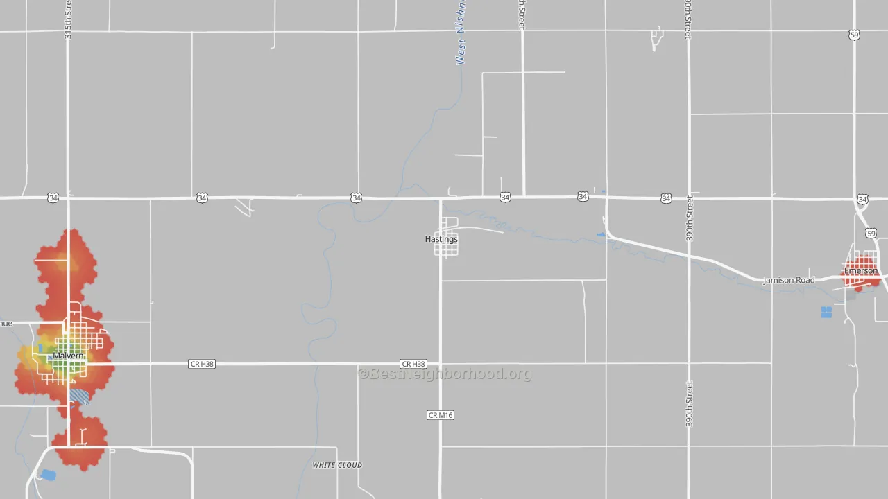 Walk Grade map of 51540, IA, walkable areas in green and car-dependent areas in red