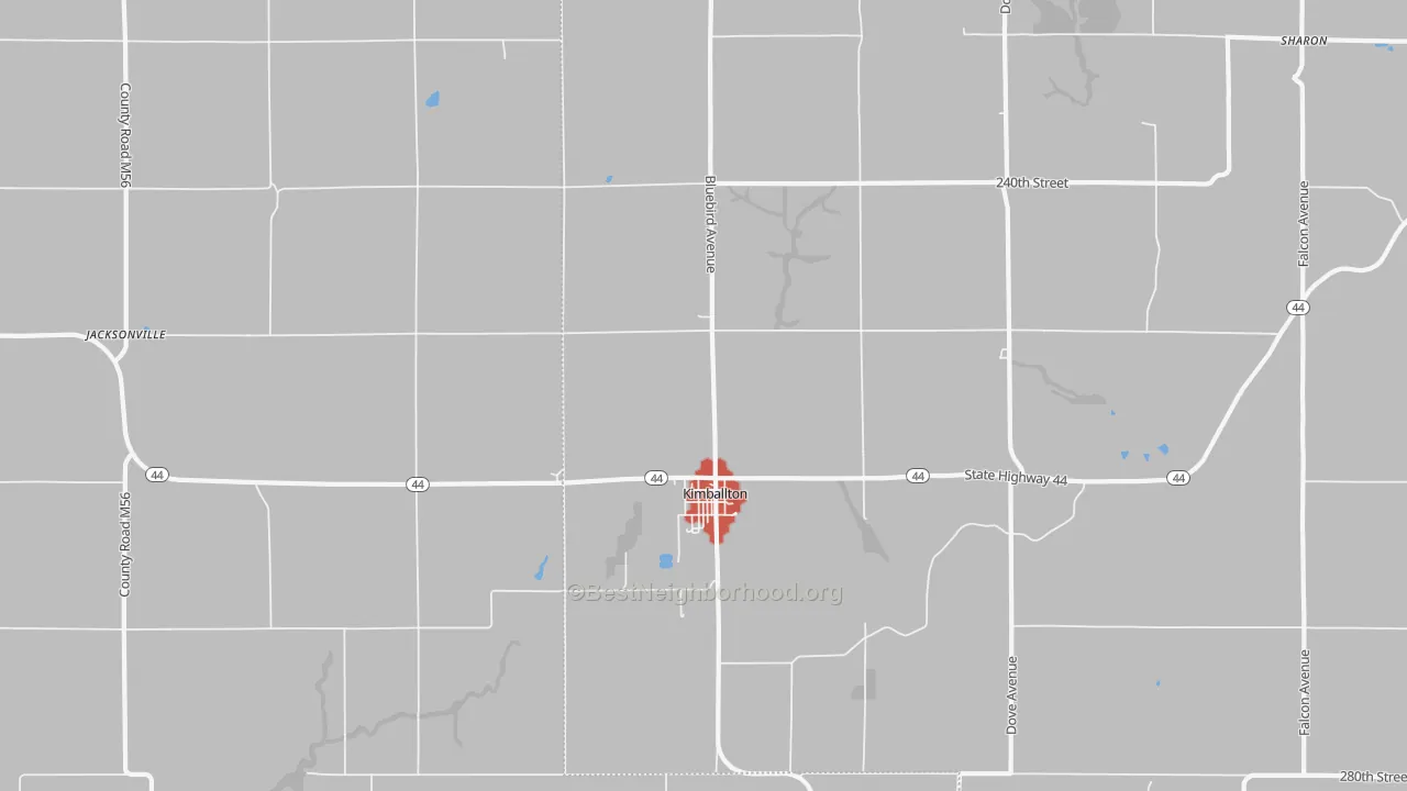 Walk Grade map of 51543, IA, walkable areas in green and car-dependent areas in red