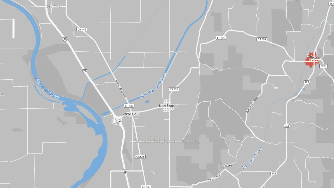 Walk Grade map of 51545, IA, walkable areas in green and car-dependent areas in red