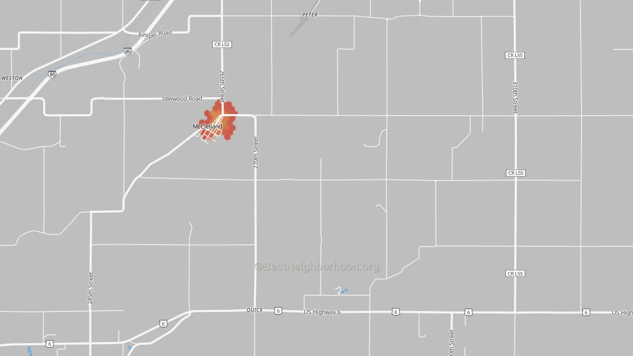 Walk Grade map of 51548, IA, walkable areas in green and car-dependent areas in red