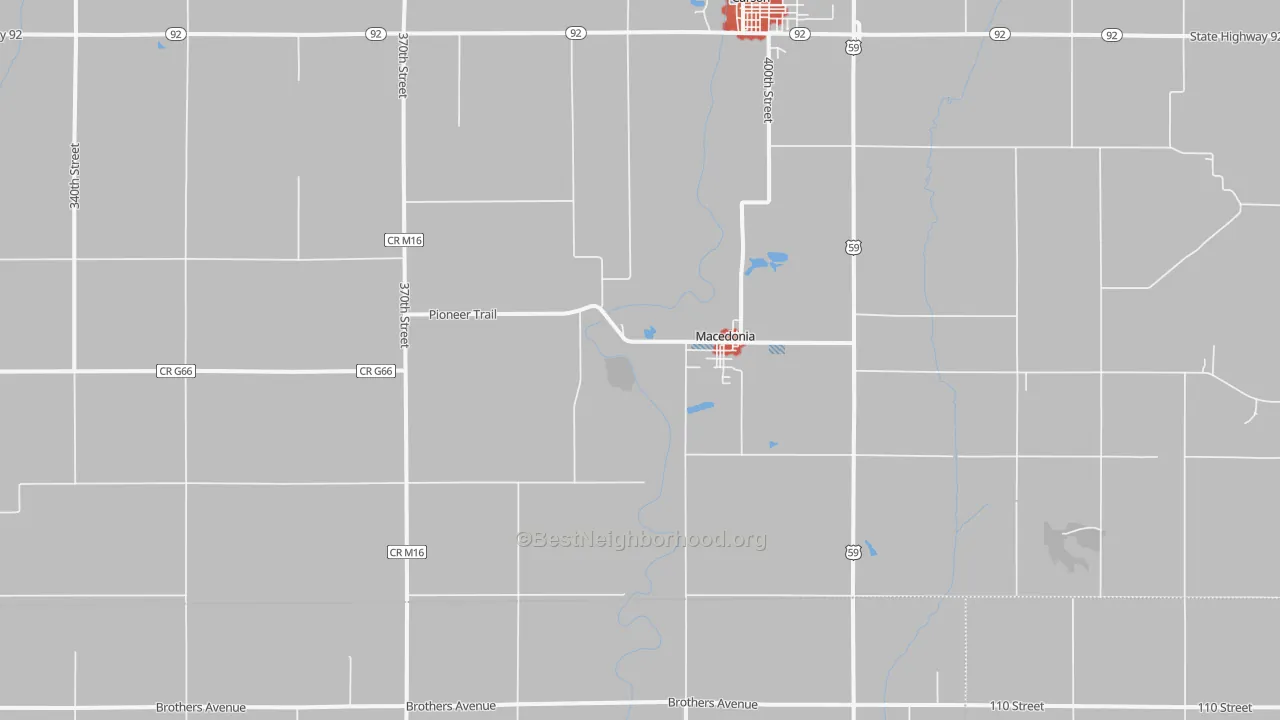 Walk Grade map of 51549, IA, walkable areas in green and car-dependent areas in red