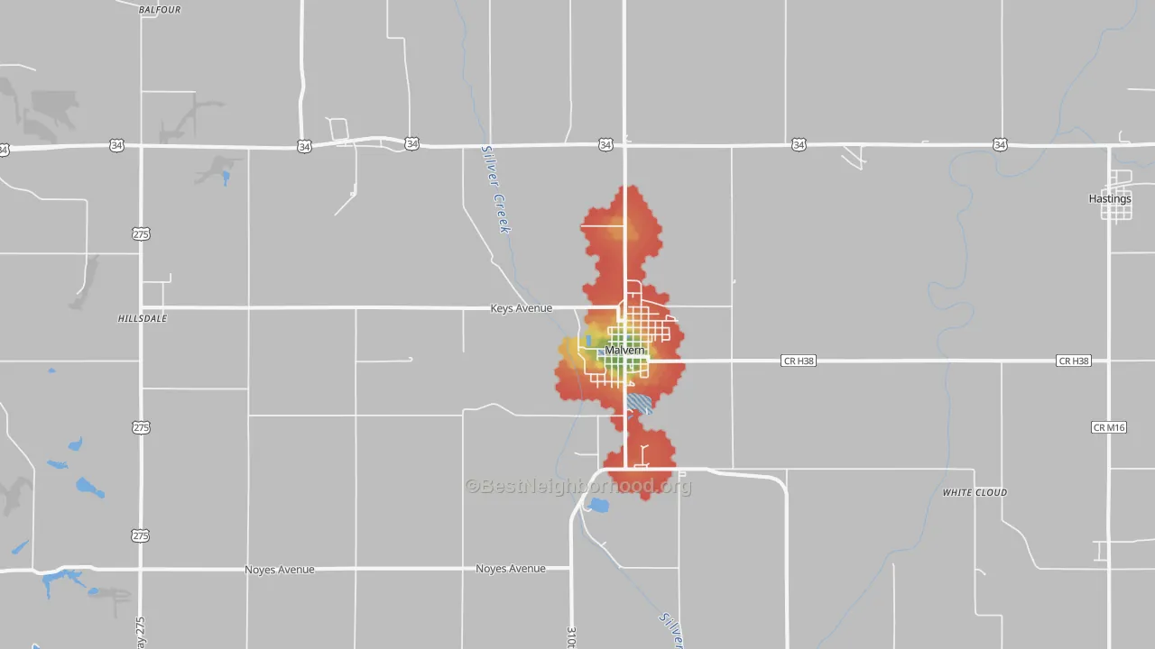 Walk Grade map of 51551, IA, walkable areas in green and car-dependent areas in red