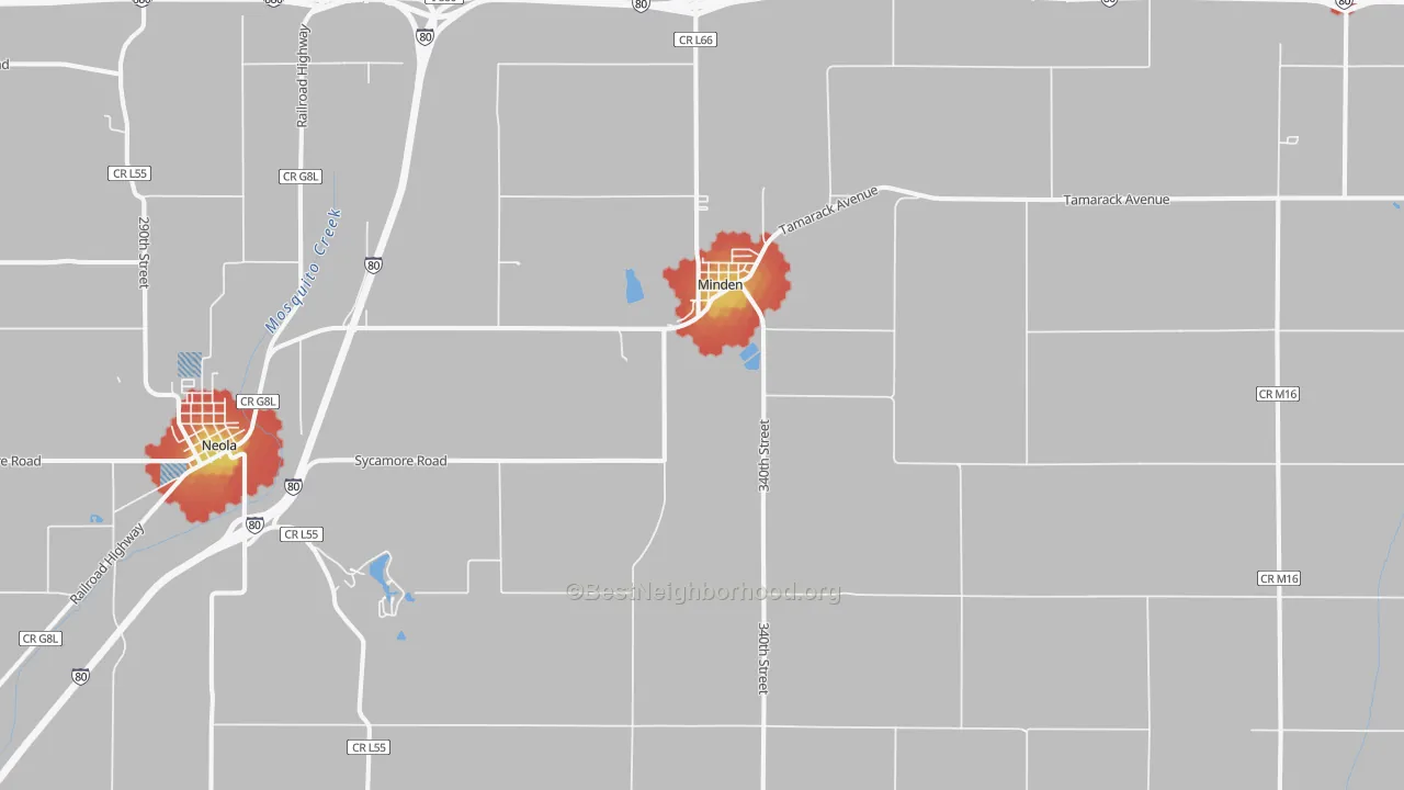 Walk Grade map of 51553, IA, walkable areas in green and car-dependent areas in red