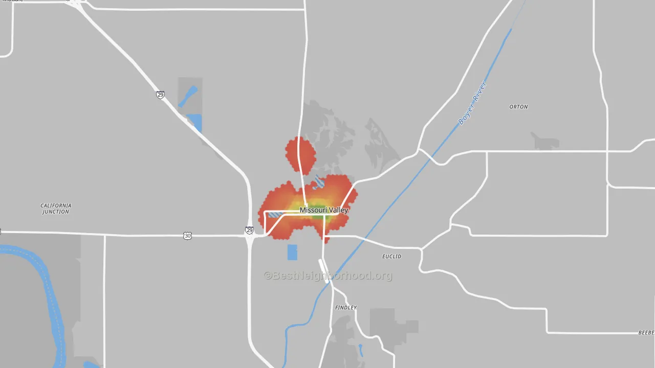 Walk Grade map of 51555, IA, walkable areas in green and car-dependent areas in red