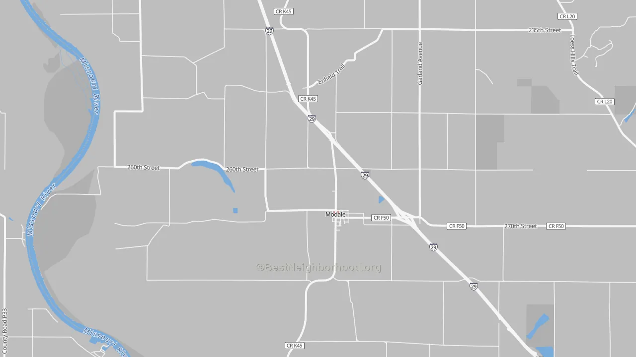 Walk Grade map of 51556, IA, walkable areas in green and car-dependent areas in red