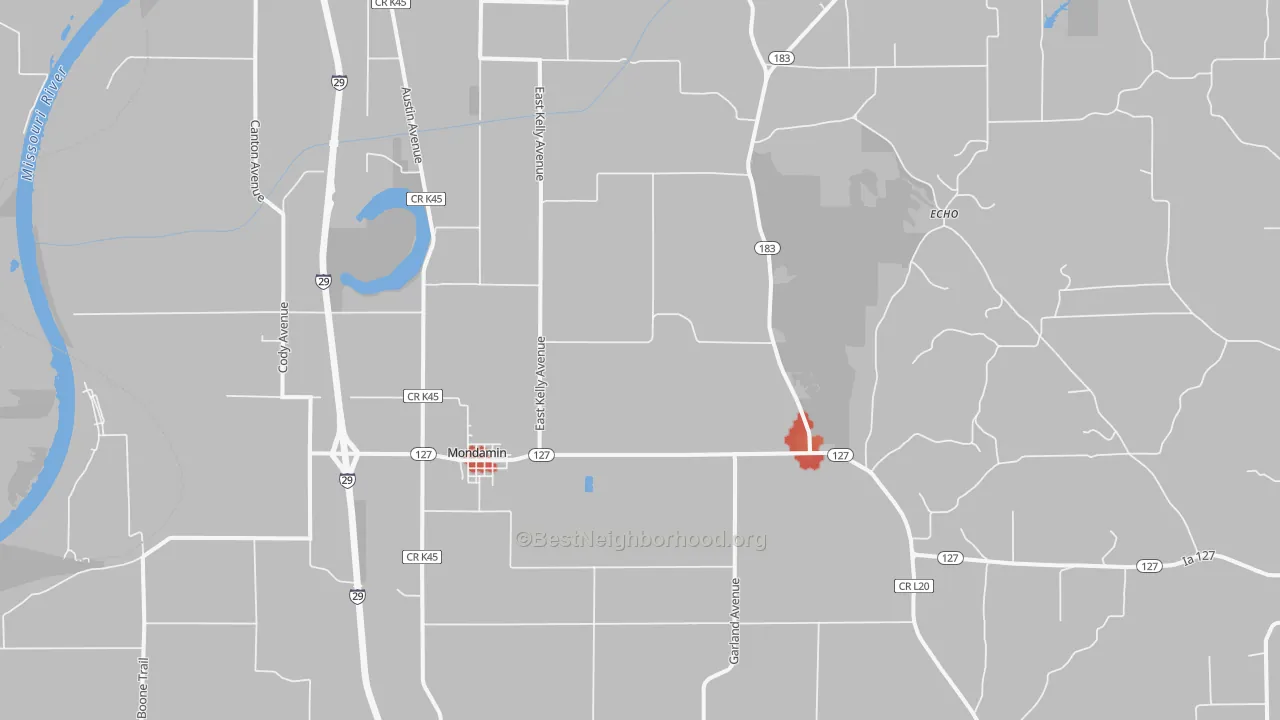 Walk Grade map of 51557, IA, walkable areas in green and car-dependent areas in red