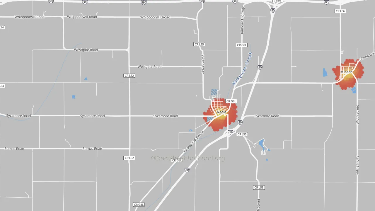 Walk Grade map of 51559, IA, walkable areas in green and car-dependent areas in red