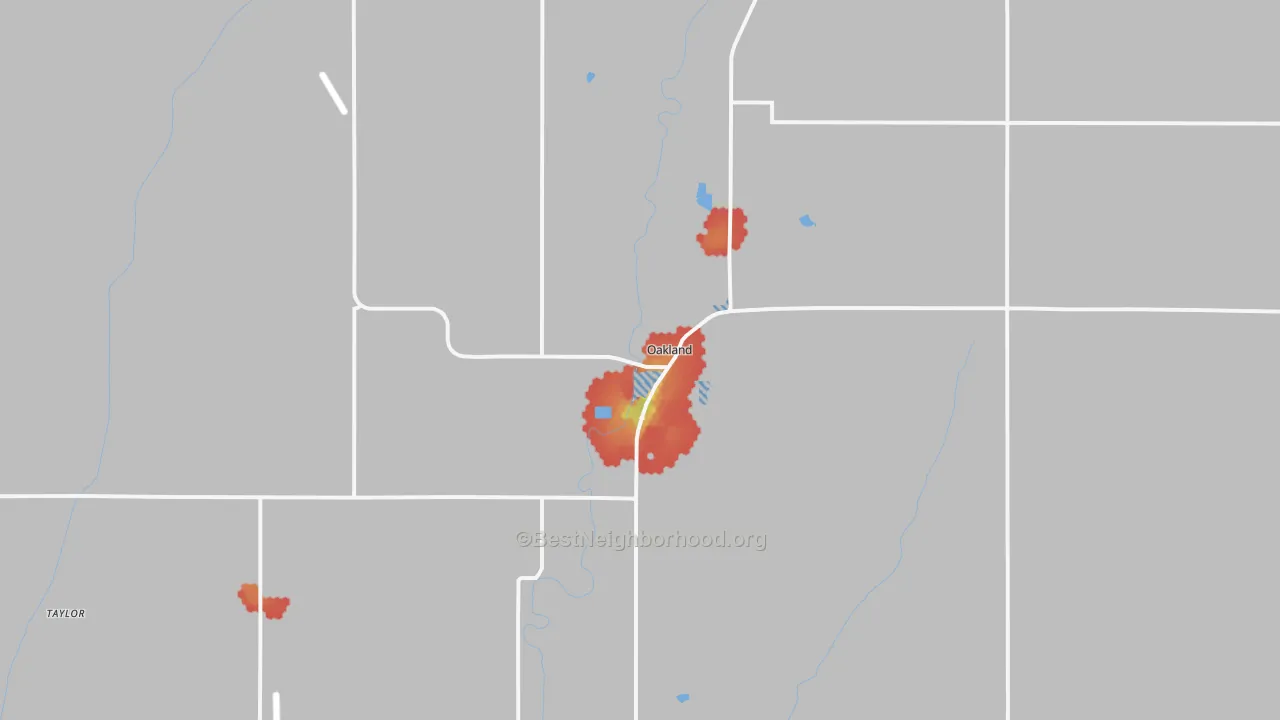 Walk Grade map of 51560, IA, walkable areas in green and car-dependent areas in red