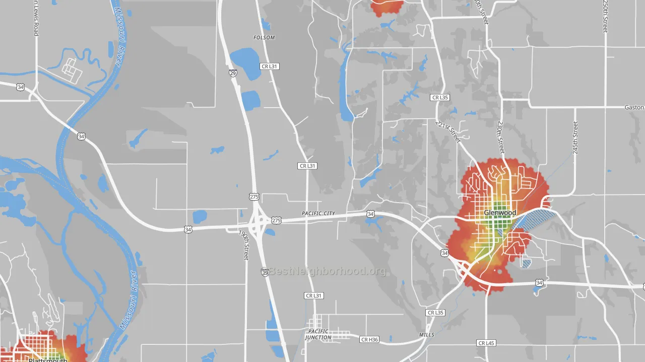 Walk Grade map of 51561, IA, walkable areas in green and car-dependent areas in red