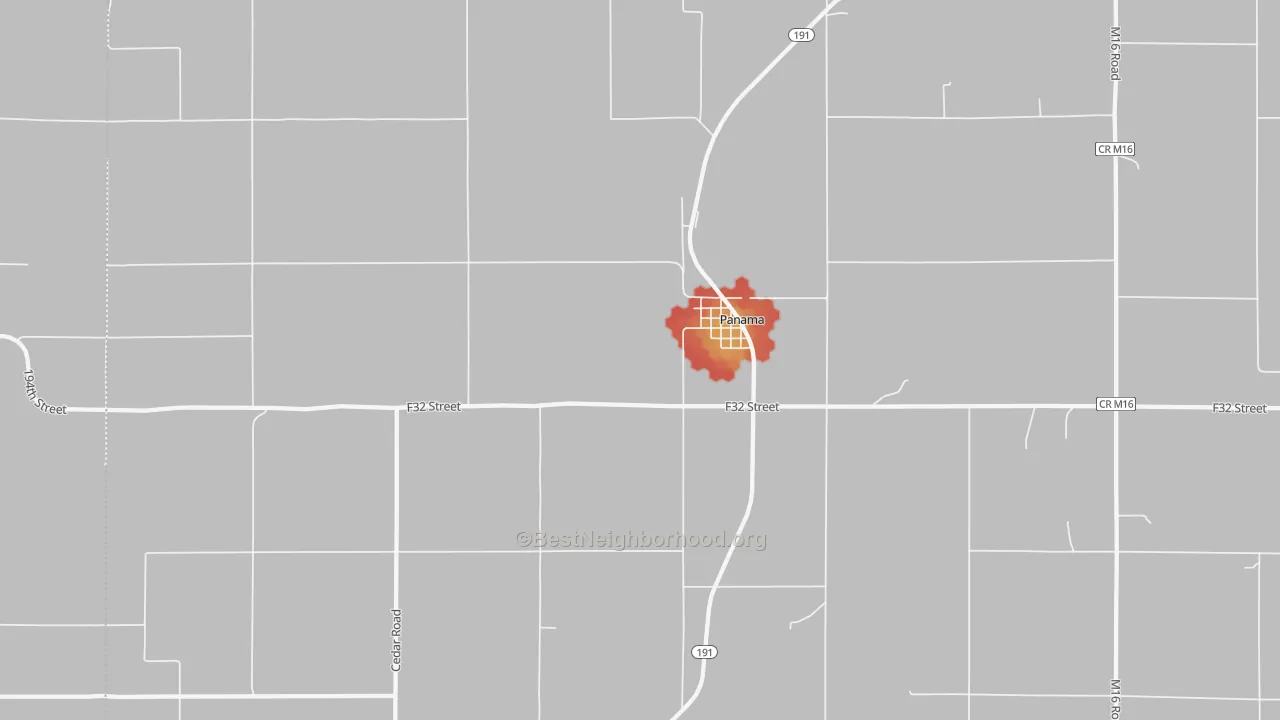 Walk Grade map of 51562, IA, walkable areas in green and car-dependent areas in red