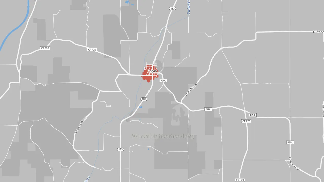 Walk Grade map of 51564, IA, walkable areas in green and car-dependent areas in red