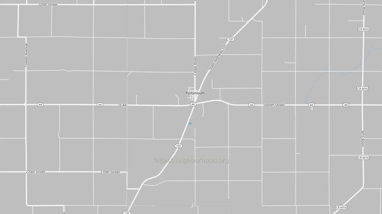 Walk Grade map of 51565, IA, walkable areas in green and car-dependent areas in red