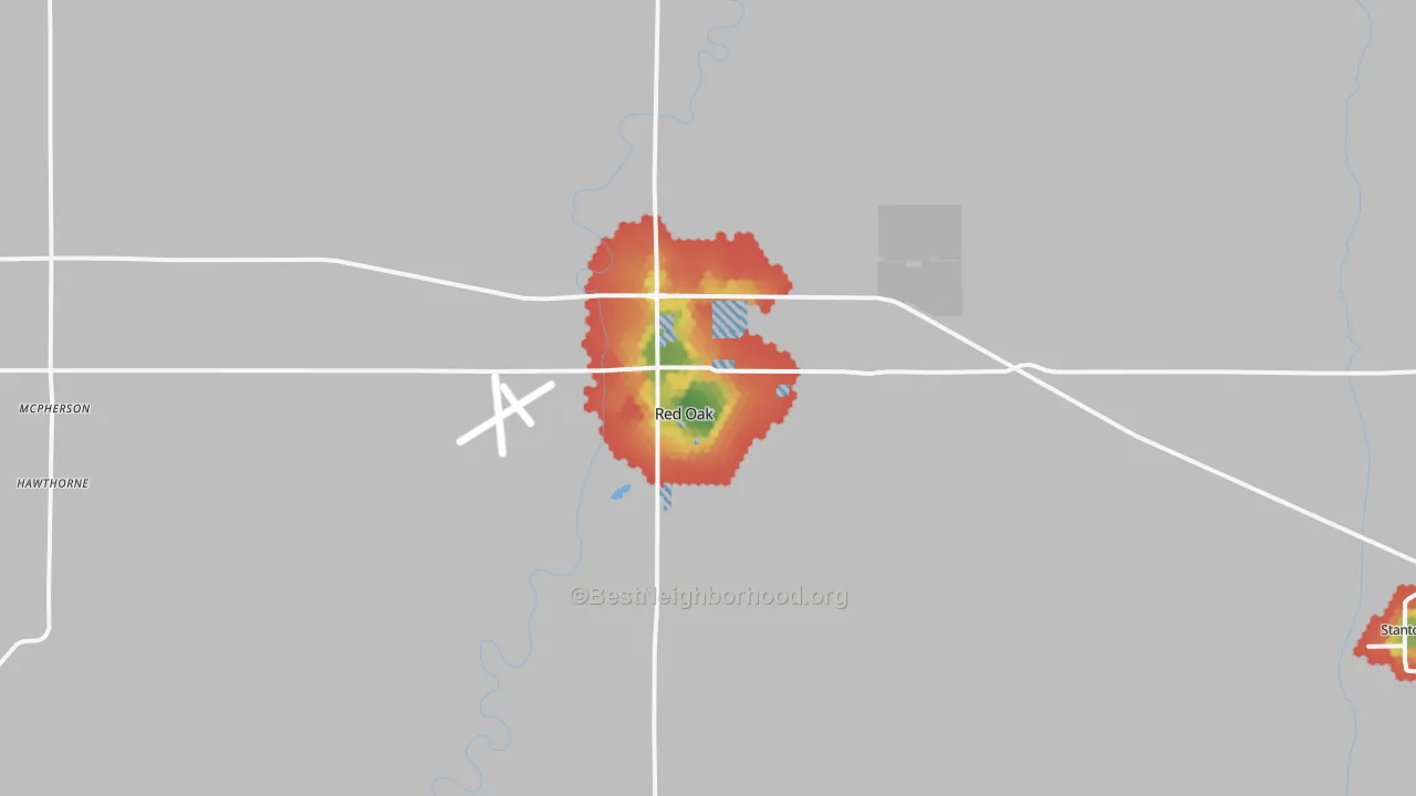 Walk Grade map of 51566, IA, walkable areas in green and car-dependent areas in red
