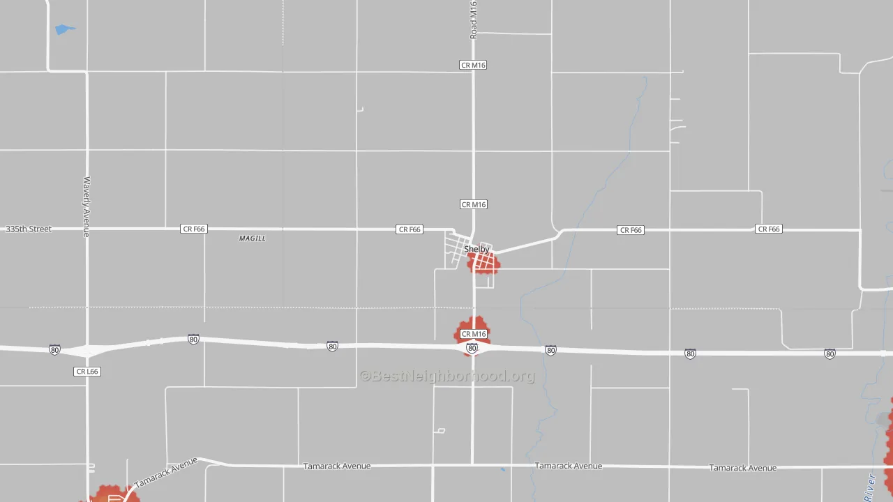 Walk Grade map of 51570, IA, walkable areas in green and car-dependent areas in red