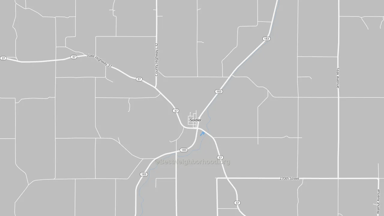 Walk Grade map of 51572, IA, walkable areas in green and car-dependent areas in red