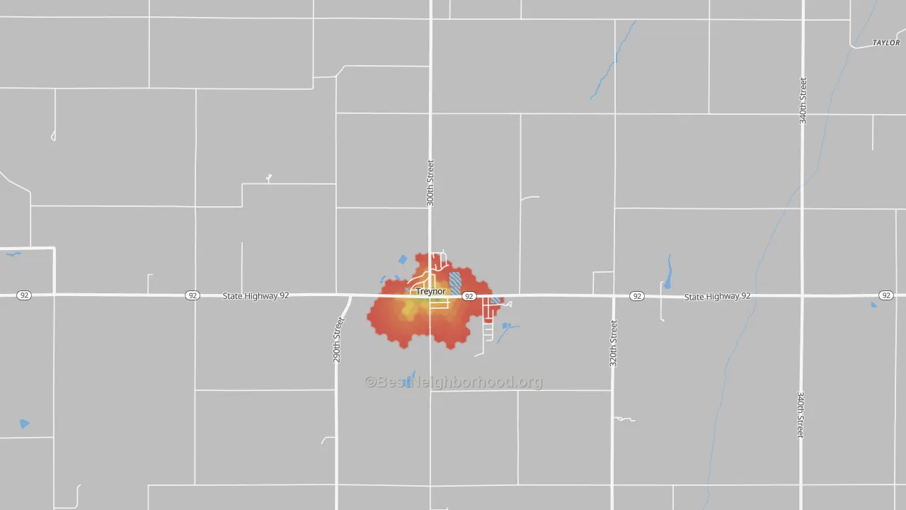 Walk Grade map of 51575, IA, walkable areas in green and car-dependent areas in red