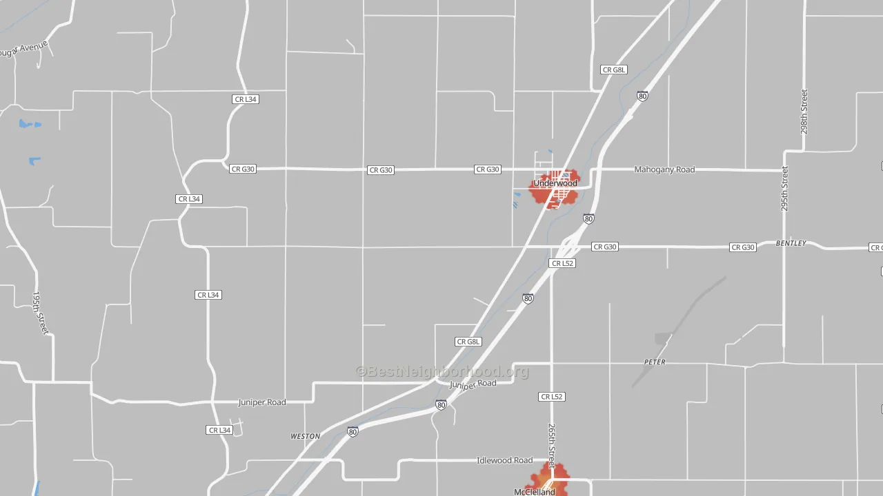 Walk Grade map of 51576, IA, walkable areas in green and car-dependent areas in red