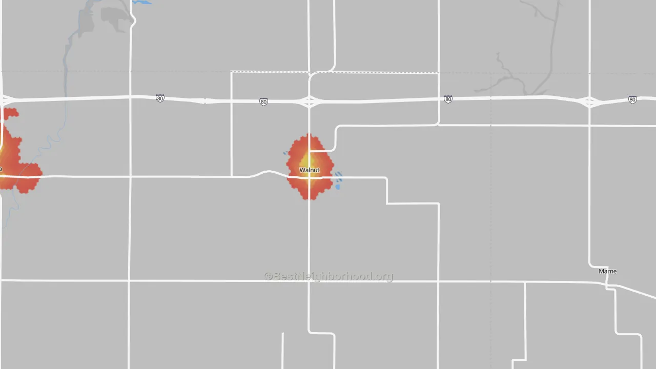 Walk Grade map of 51577, IA, walkable areas in green and car-dependent areas in red