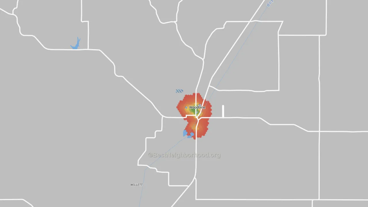 Walk Grade map of 51579, IA, walkable areas in green and car-dependent areas in red