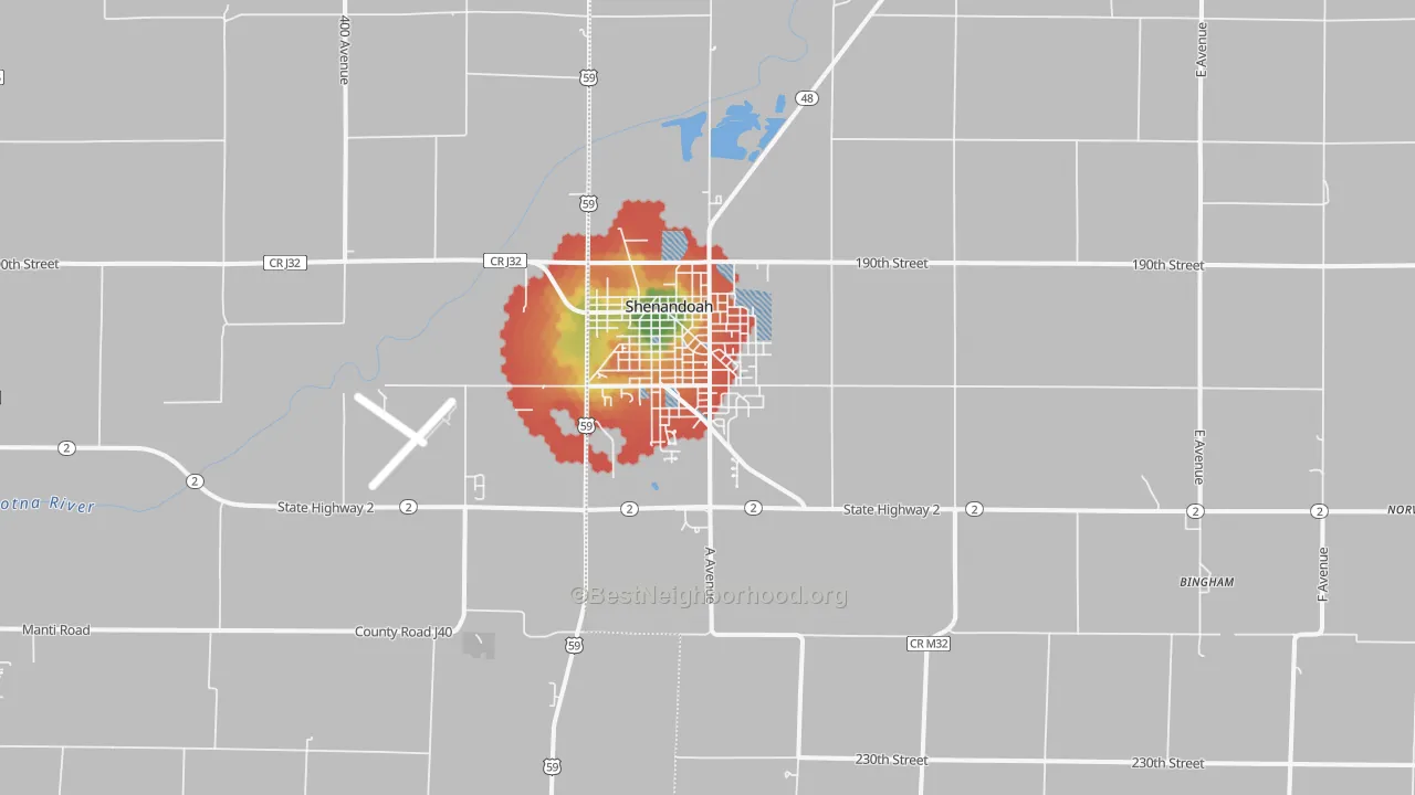 Walk Grade map of 51601, IA, walkable areas in green and car-dependent areas in red