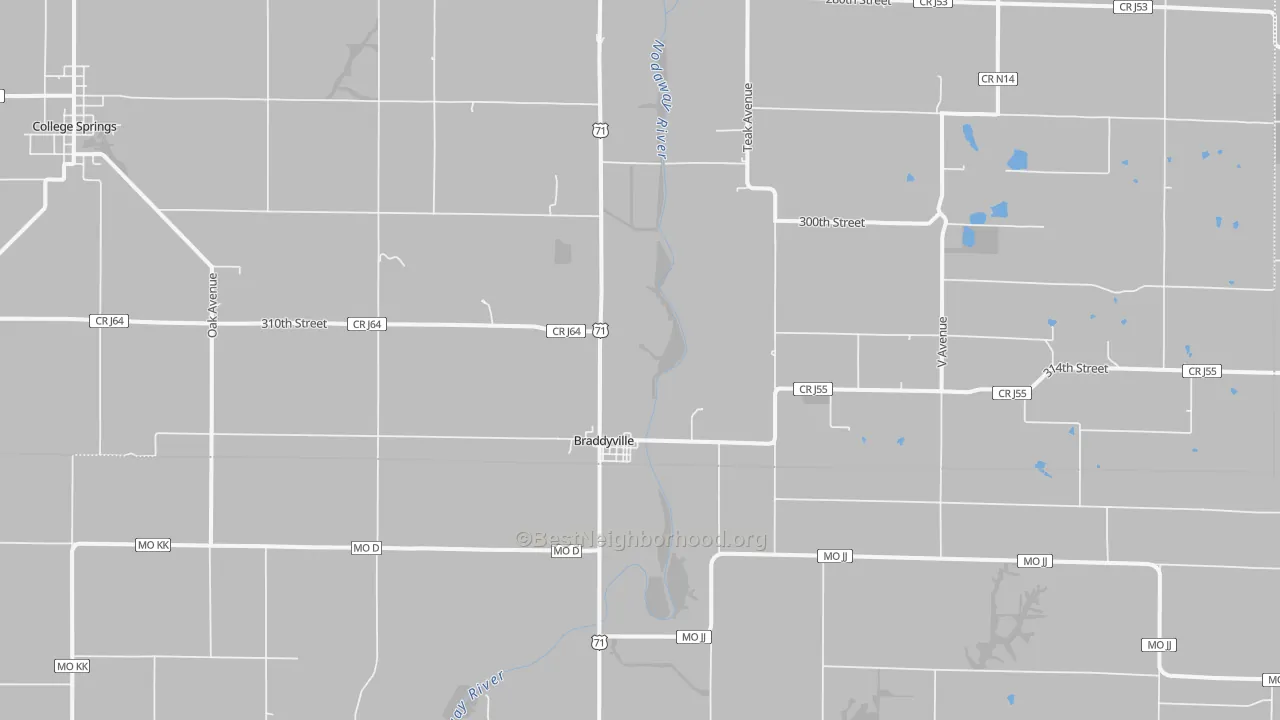 Walk Grade map of 51631, IA, walkable areas in green and car-dependent areas in red