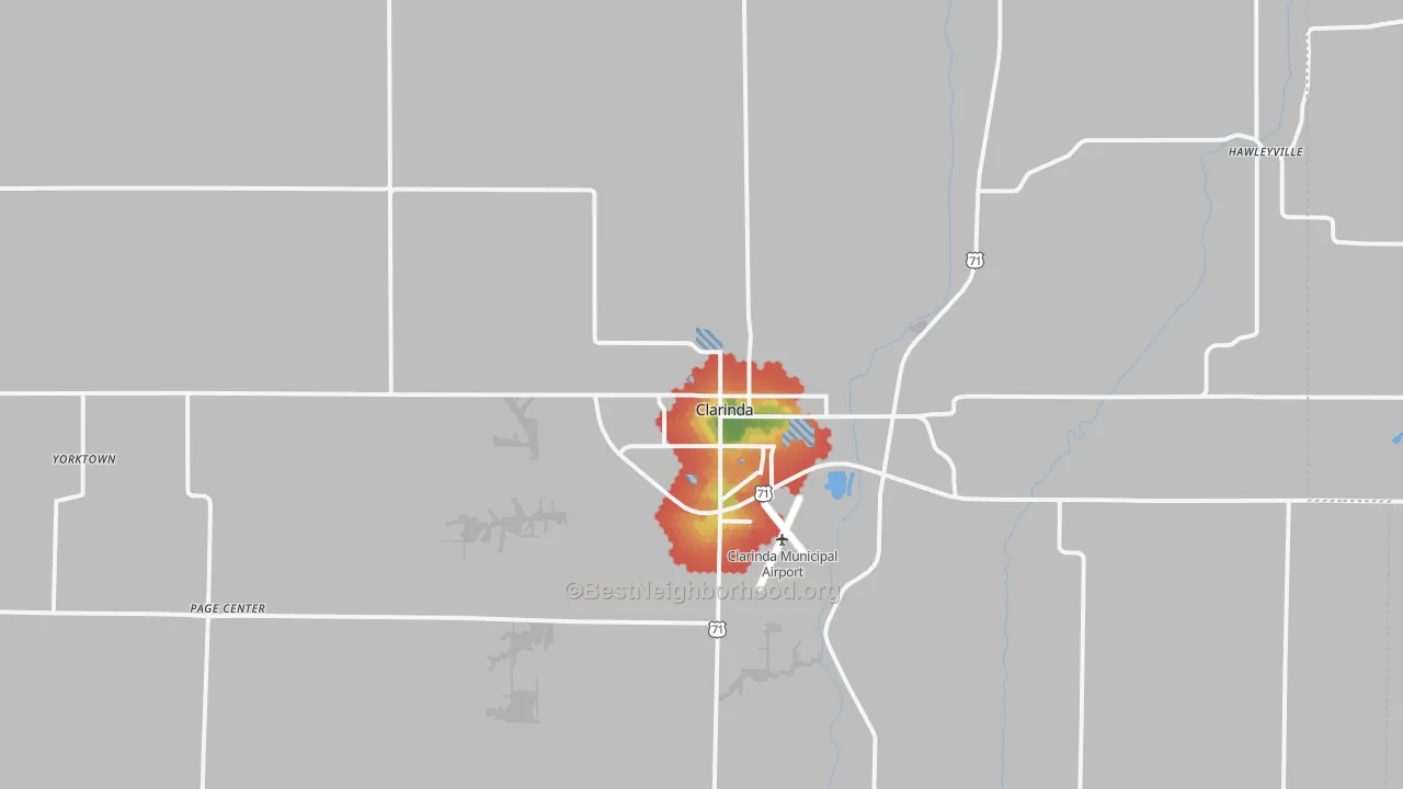 Walk Grade map of 51632, IA, walkable areas in green and car-dependent areas in red