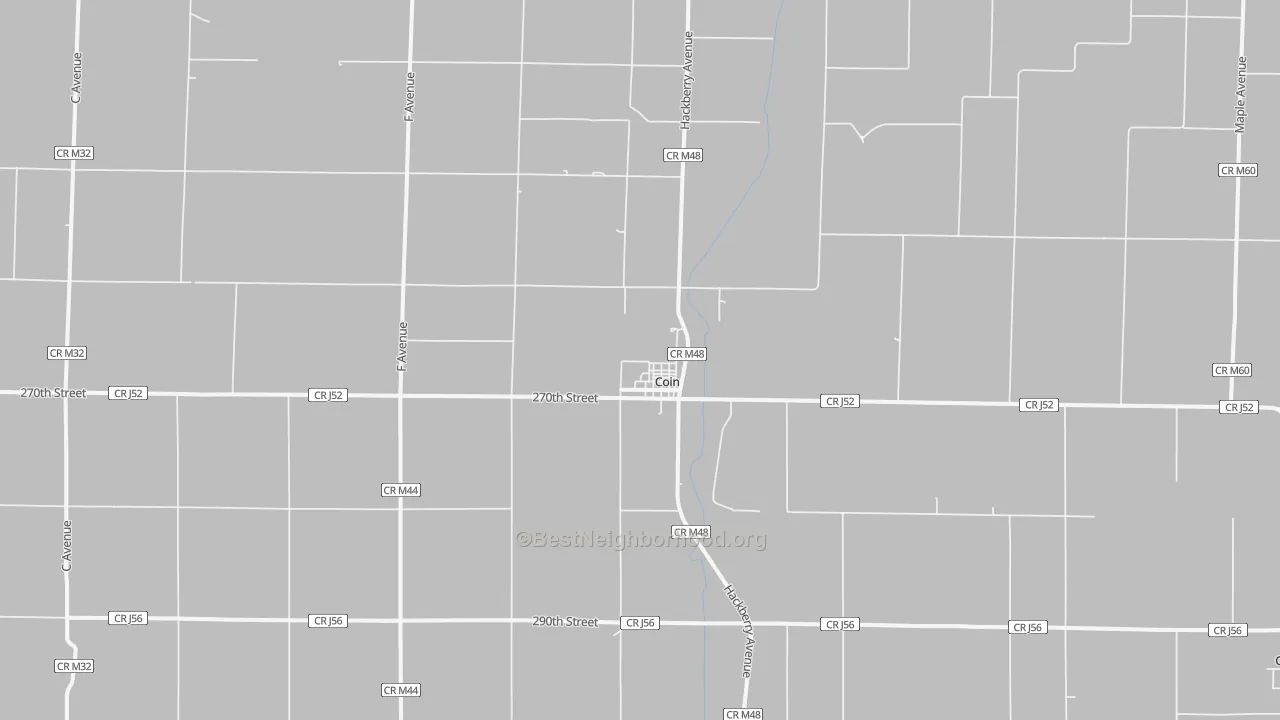 Walk Grade map of 51636, IA, walkable areas in green and car-dependent areas in red