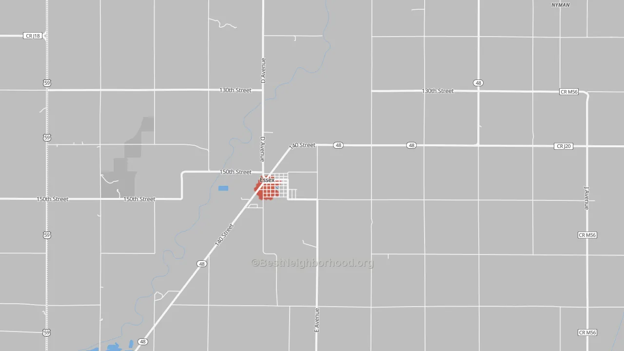 Walk Grade map of 51638, IA, walkable areas in green and car-dependent areas in red