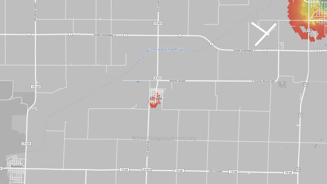 Walk Grade map of 51639, IA, walkable areas in green and car-dependent areas in red