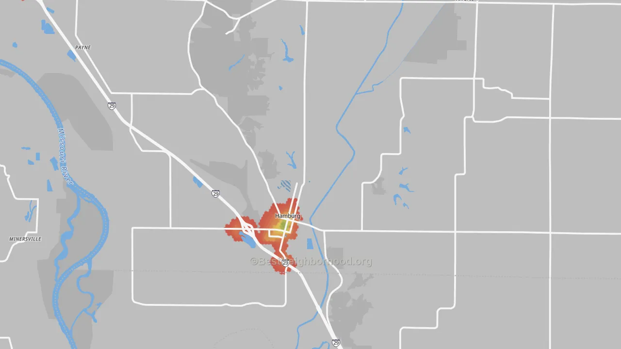 Walk Grade map of 51640, IA, walkable areas in green and car-dependent areas in red