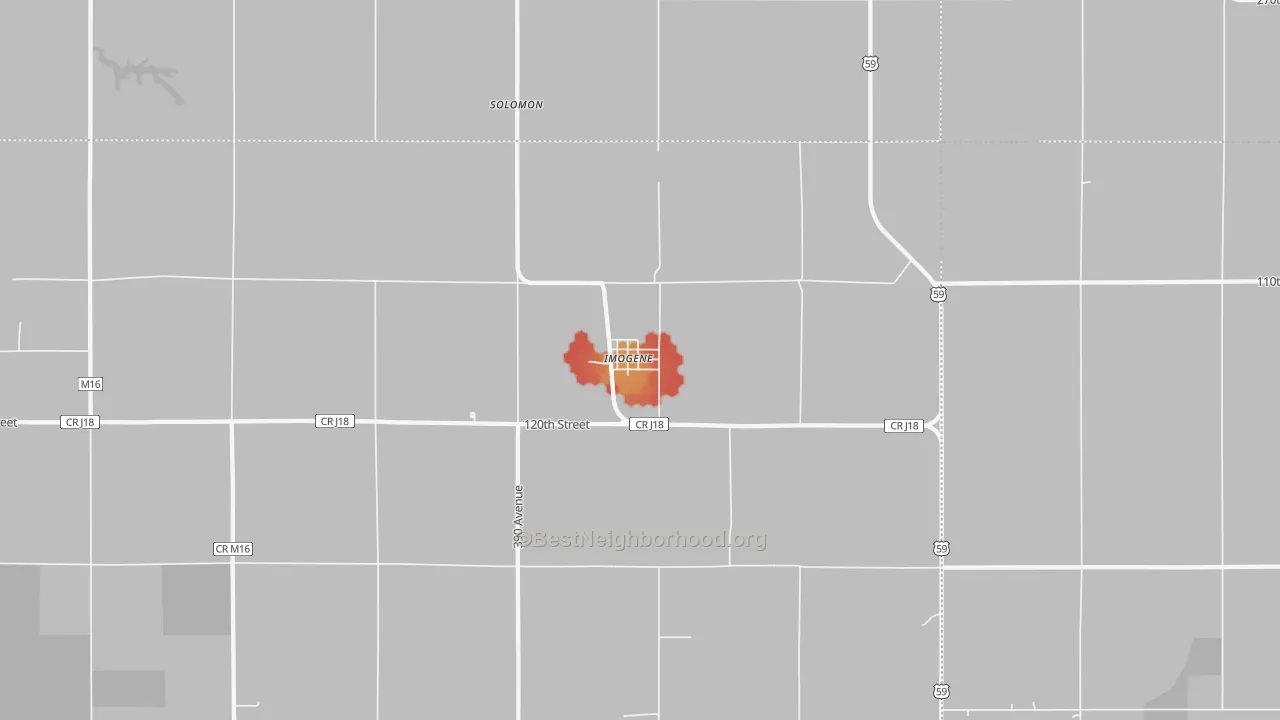 Walk Grade map of 51645, IA, walkable areas in green and car-dependent areas in red