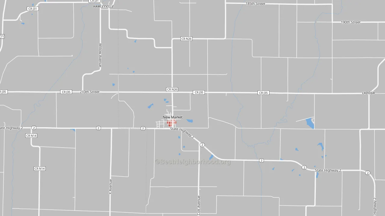 Walk Grade map of 51646, IA, walkable areas in green and car-dependent areas in red