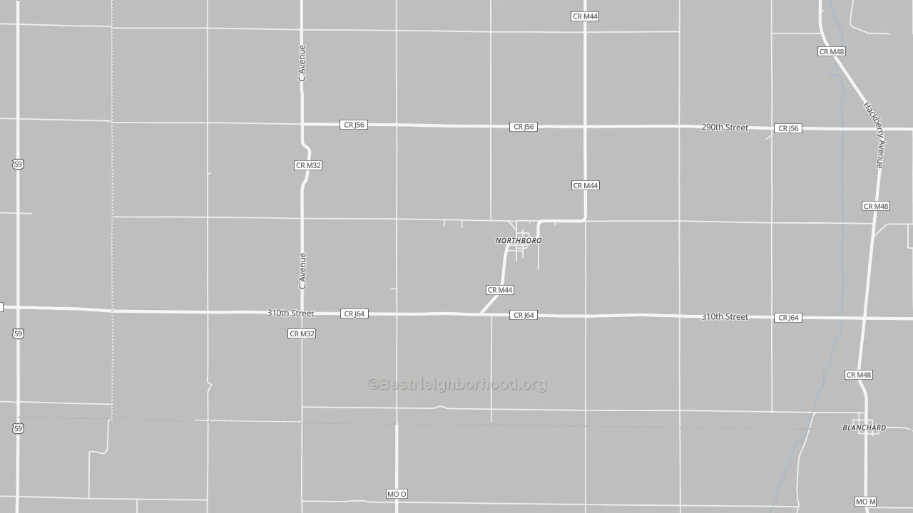 Walk Grade map of 51647, IA, walkable areas in green and car-dependent areas in red