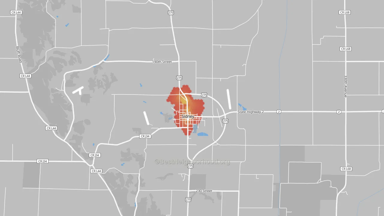 Walk Grade map of 51652, IA, walkable areas in green and car-dependent areas in red