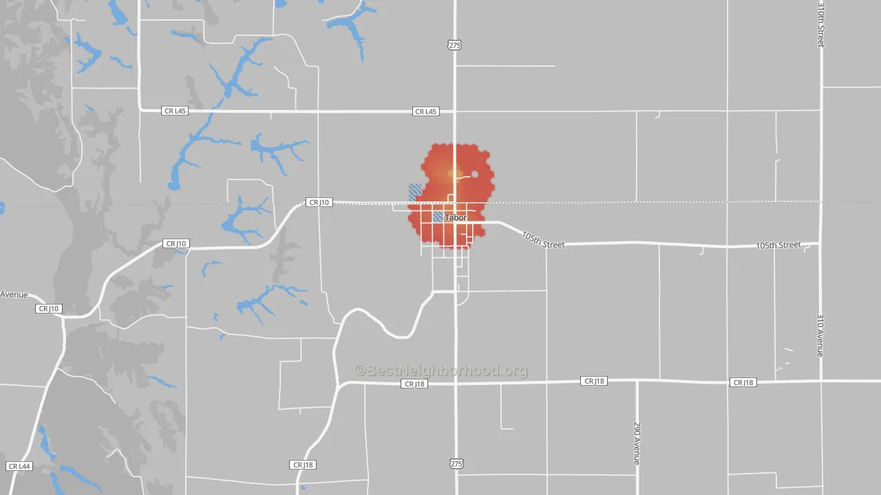Walk Grade map of 51653, IA, walkable areas in green and car-dependent areas in red